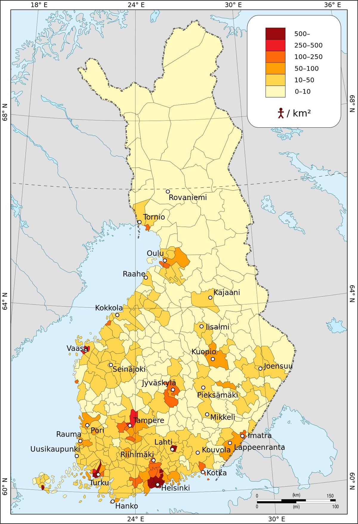 Somijā iedzīvotāju blīvums karte